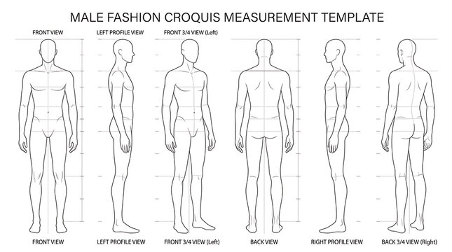 Comprehensive male fashion croquis measurement template showcasing multiple views and detailed body outlines for fashion design