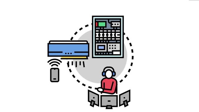 Operator monitoring and controlling various integrated devices and automated processes from a centralized station, showcasing modern automation solutions and remote management