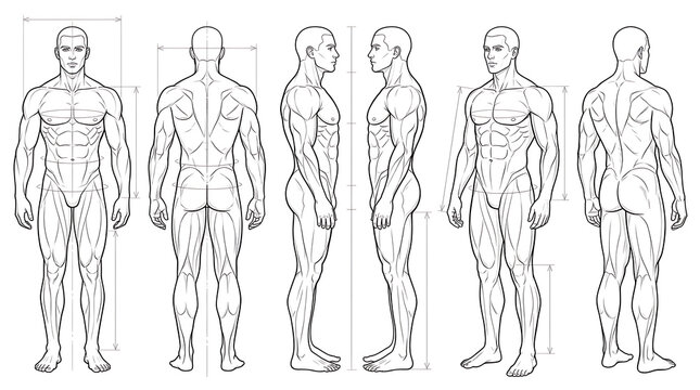 Detailed anatomical illustrations of male human body in multiple views illustrating muscular structure and proportions for