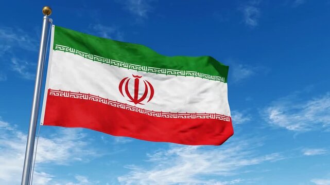 National flag of iran waving against blue sky with clouds