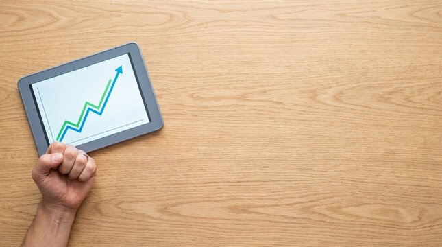 タブレットの上昇グラフを見て売上増加を喜ぶ経営者の手元
