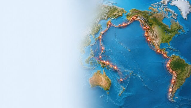Pacific Ring of Fire Volcano Belt World Map with Copy Space