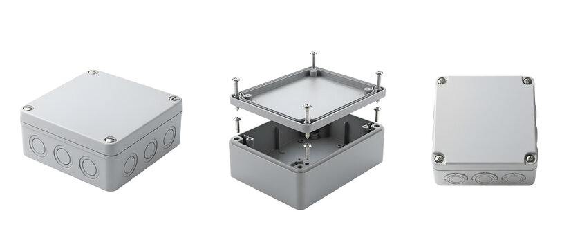 A set of three metal junction boxes on a transparent background for electrical connections