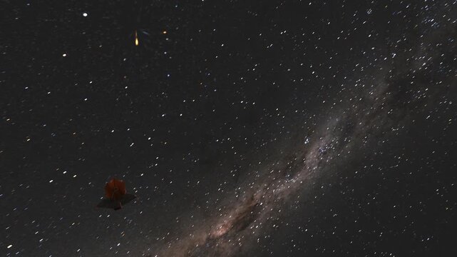 James webb space telescope drifting through deep space with milky way galaxy background.
