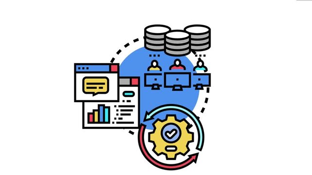 Central processing concept data management workflow with multiple users accessing information from servers, inputting data, and automating digital processes within a network environment