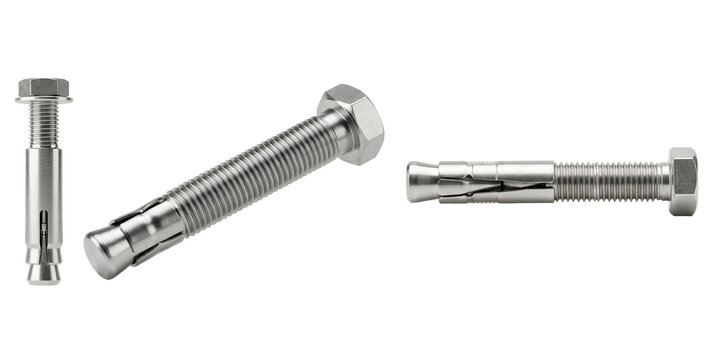 Three silver metal bolts and screws on transparent background