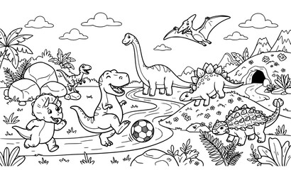 Dinosaur Adventure Cartoon Black Line Vector, Kids Coloring and Education Illustration © Saima