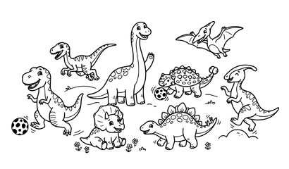 Cute Cartoon Dinosaur Friends Black White Vector Coloring Illustration © Saima