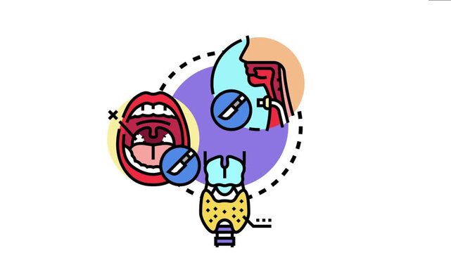 Central throat health examination and medical procedures concept showing human head anatomy, an open mouth with tonsils, and thyroid gland with no surgical intervention symbols