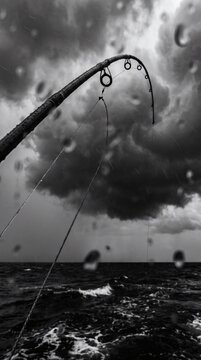 Dramatic black and white fishing rod silhouette against stormy ocean clouds for mobile phone wallpaper.