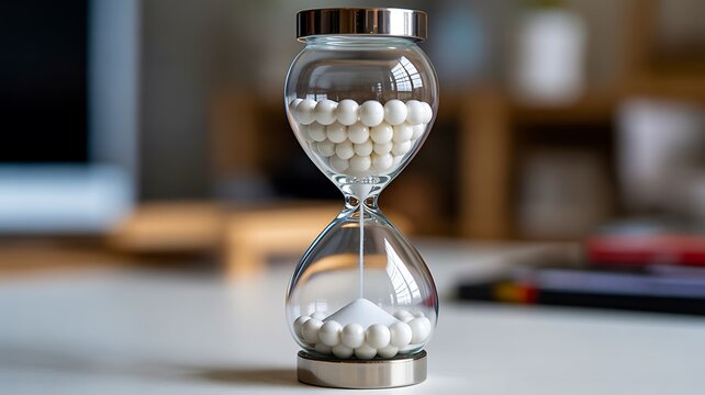 Hourglass filled with white sand representing time management, deadlines, patience and productivity
