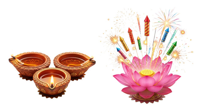 Traditional clay oil lamps and a pink lotus flower with colorful fireworks for diwali or loy krathong festival celebration