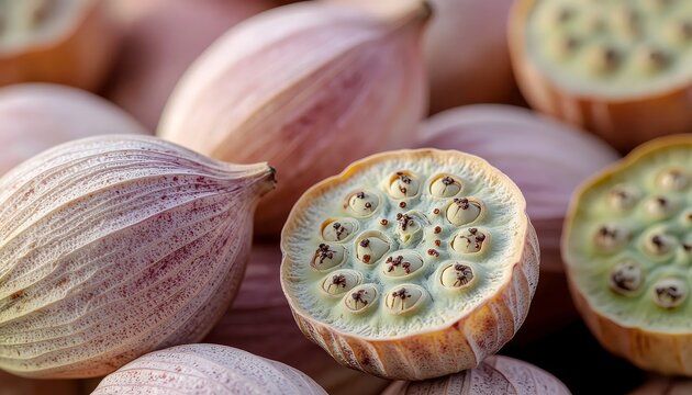 Close-up of lotus seed pods with visible seeds inside