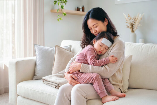 Mother holding and comforting her sick child with cooling patch on forehead on sofa at home