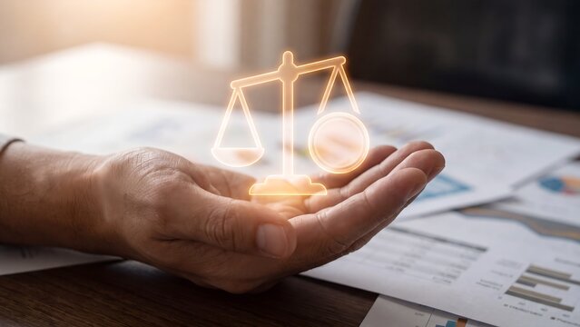 Regulatory compliance risk management framework, hand holding glowing justice scale hologram above financial report documents, governance, legal obligation, due diligence and business ethics oversight