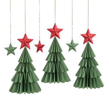 Hanging paper christmas trees and stars in green and red colors isolated on a transparent background