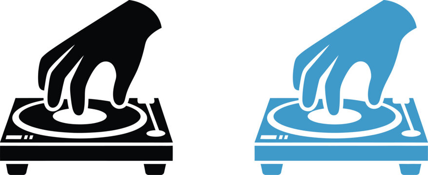 DJ turntable with spinning black vinyl record, hand touching rotating disc on white deck, minimalist silhouette vector for music, mixing, and audio concepts