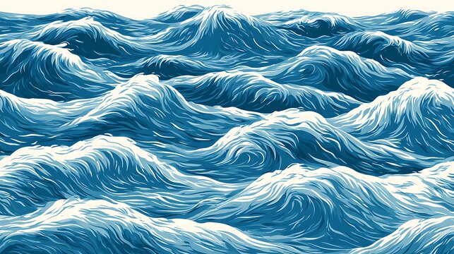 Stylized blue ocean waves in graphic illustration style