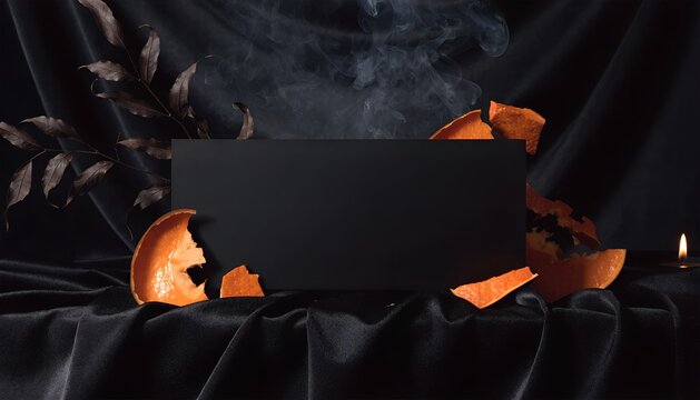 Dark gothic podium display with black cloth and broken orange pumpkin pieces