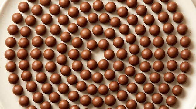 A top down view of delicious chocolate malt balls arranged in a mesmerizing spiral pattern on a light surface