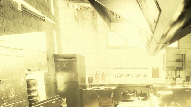 Various cooking tools are placed on countertops. The space is bright with sunlight. There are pots and pans on the stove. The walls show signs of wear and age.