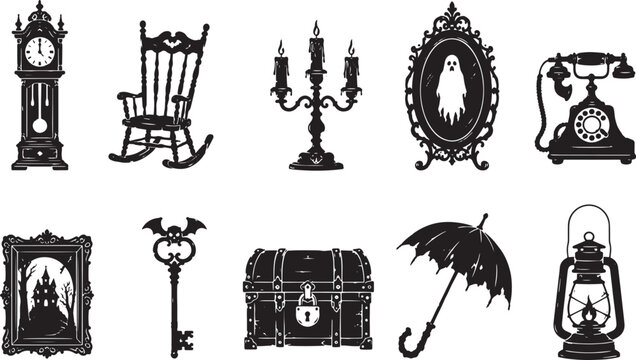 Vintage Gothic Halloween Silhouette Collection with Antique Clock, Rocking Chair, Candlestick, Haunted Mirror, Telephone, Key, Treasure Chest, Umbrella and Lantern