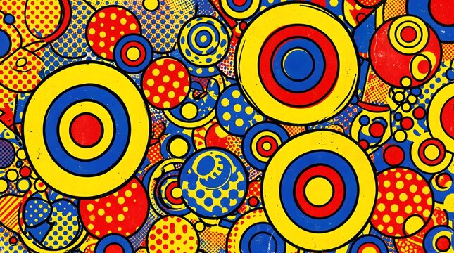 Abstract pop art background with colorful circles and halftone dot patterns.