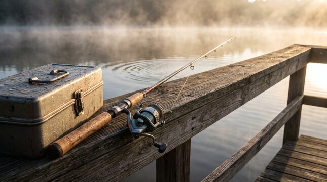 Fishing rod and tackle box on a wooden pier at sunrise for fishing wallpaper.