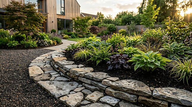 Stone path in a lush green backyard garden with stone wall and modern house in the background during day. stone arrangement ideas