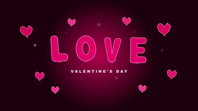 Valentine's Day love message animation, pink inflatable balloon letters inflating, hearts and sparkles