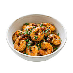 Fototapeta premium Bowl of delicious grilled shrimp seasoned with herbs and red chili flakes served in a rustic white ceramic bowl isolated on black background isolated on a transparent background
