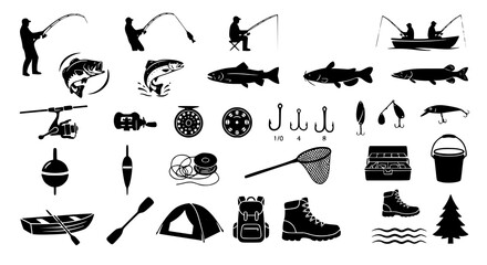 Set of black silhouettes representing fishing equipment fish species anglers and outdoor camping gear on white background © Najma