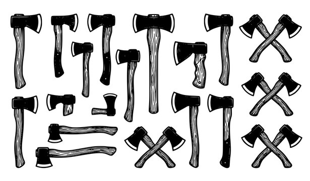 Collection of hand drawn vintage axes and hatchets isolated on white background for lumberjack design elements