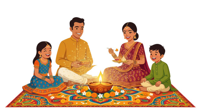 Happy indian family celebrating diwali festival together sitting on a colorful floor rug with a glowing diya oil lamp