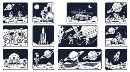 Astronauts Exploring the Moon and Space with Rockets and Planets. © huda