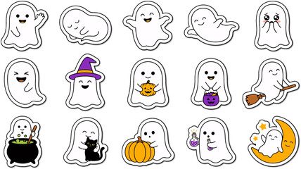 Fototapeta premium Cute Halloween Ghost Sticker Collection with Witch Hat, Pumpkins and Spooky Characters