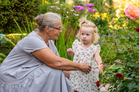 Grandmother Guiding Granddaughter Beside Blooming Roses In Garden