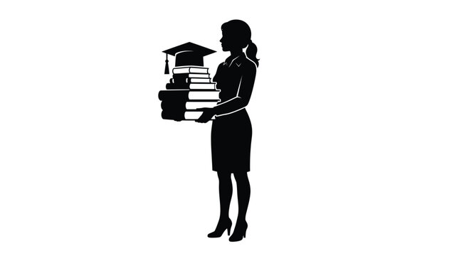 Silhouette of a graduate holding books and a mortarboard hat