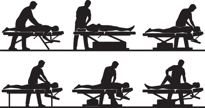 Chiropractic treatment silhouettes, spinal adjustment themes, massage therapy illustrations, healthcare vector graphics, medical office scenes, manual therapy poses