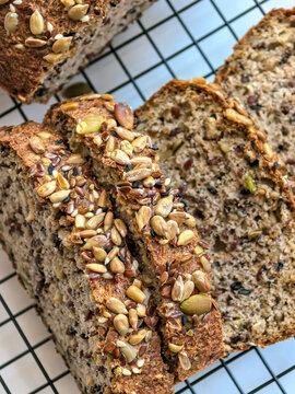Cut Keto Bread Slices With Crisp Seed Topping