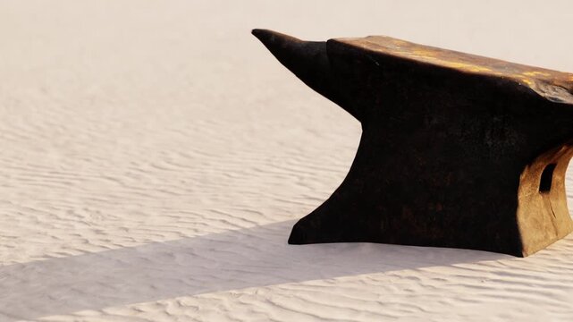 The anvil sits on a sandy area with slight texture. Sunlight casts a shadow from the anvil. It is midday with clear skies. No people are present in the scene.
