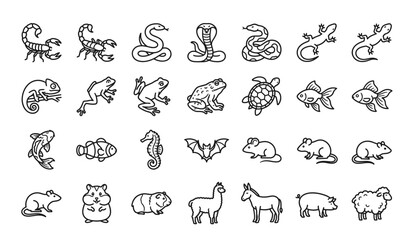 Naklejka premium Animal logo element vector, line art animal illustration set. Hand drawn reptile, amphibian, fish, rodent, and farm animal icon collection set.