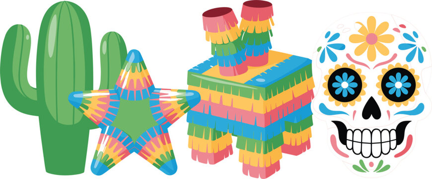 Colorful Mexican Fiesta Illustration Set with Cactus, Pi&ntilde;ata, Party Decorations and Sugar Skull for Cinco de Mayo Celebrations
