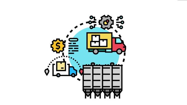 Centralized supply chain concept depicting management of goods from storage silos and large trucks to smaller vehicles for efficient delivery and distribution, optimizing logistics