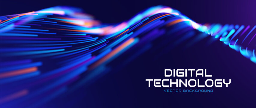 Digital Technology Background Featuring Abstract Data Flow, Glowing Wave Lines. Abstract AI Network, Big Data And Digital Connection Concepts. Vector Illustration.
