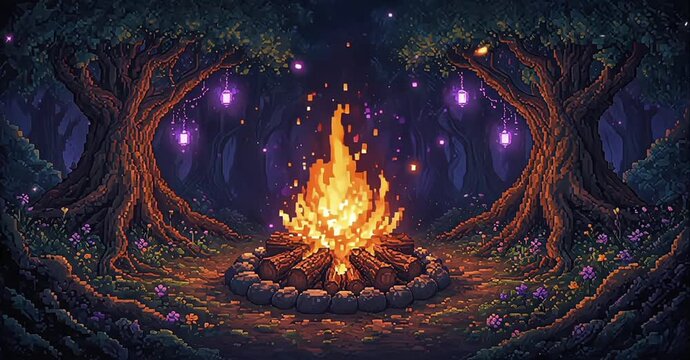Cozy Pixel Art Campfire Burning In Enchanted Night Forest Loop