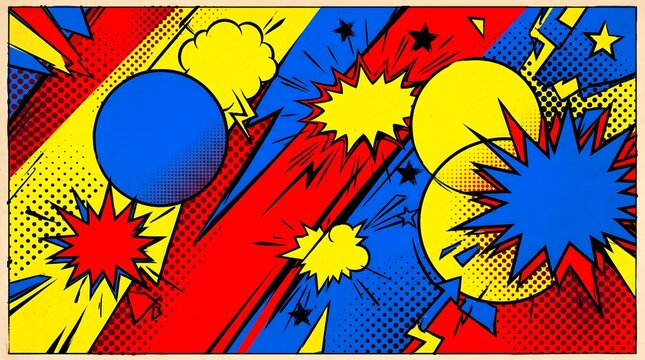 Vibrant comic book style background with pop art speech bubbles and halftone patterns.