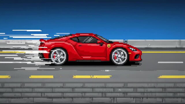 Pixel Art Red Sports Car Speeding On Highway Animation Loop