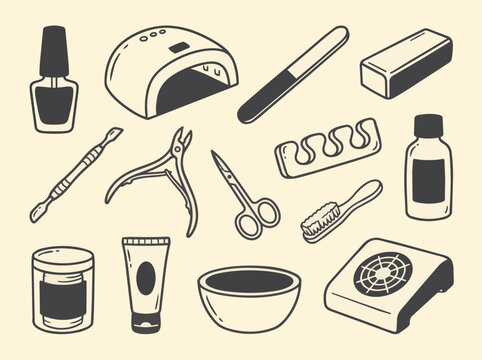 Nail Salon and Manicure Hand Drawn Icon Set with Nail Polish UV Lamp and Beauty Tools