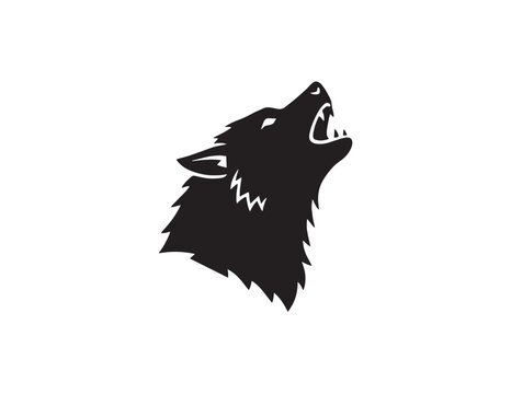 Black silhouette vector illustration of a howling wolf head for Halloween art.